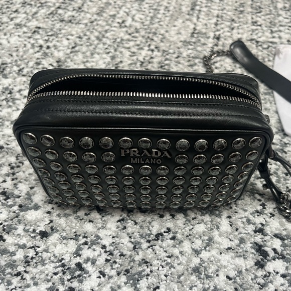 Prada Rhinestone Embellished Diagramme Quilted Camera Bag BLK Leather Cristal - Picture 7 of 17